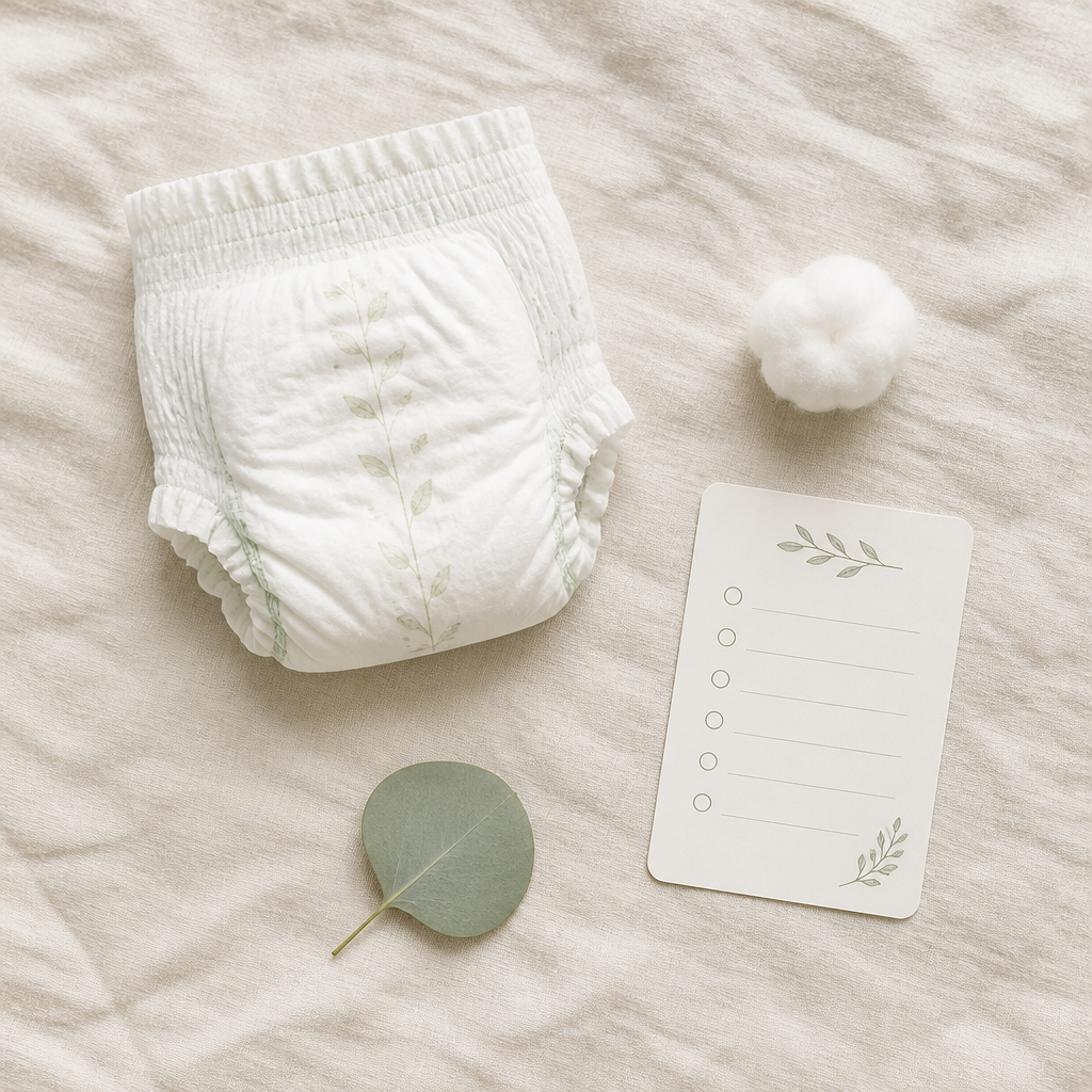 arrêter couche nuit bébé - évoque visuellement les signes de propreté nocturne (couche sèche, coton, checklist) aidant le parent à identifier si bébé est prêt