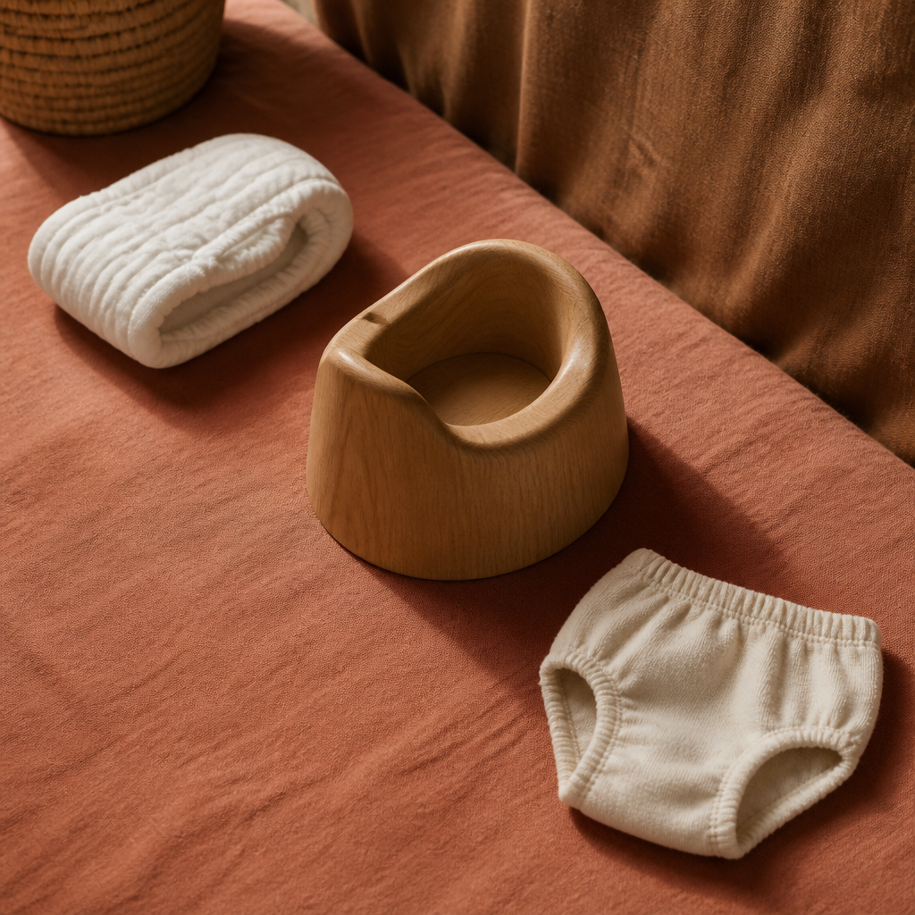 arrêter couche nuit bébé - représente visuellement la progression des méthodes pour arrêter la couche nuit : couche, pot, culotte, guidant le parent dans les étapes concrètes